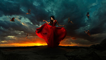 Sunset, evgeny dvoretckiy, girl, dress, summer, wind, fantasy, red, vara HD wallpaper