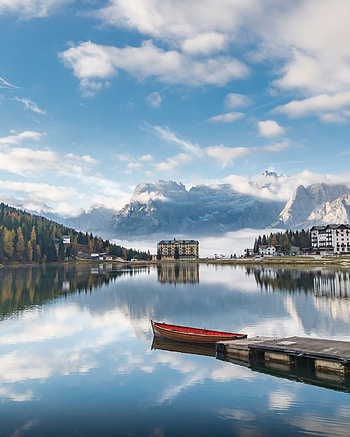 Landscape, Cities, Mountains, Building, Lake, Pier, Boat HD phone wallpaper