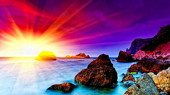 Dazzling Ocean Sunset, rays, dazzling, beach, summer, shore, red, clouds, nature, sky, sunset, ocean HD wallpaper