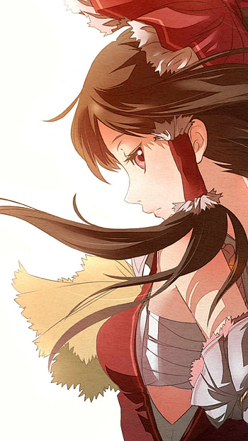 red eyes, red dress, long hair, Reimu Hakurei, dress, close-up, brunette, Anime, Touhou HD phone wallpaper