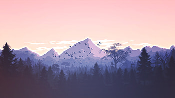 Sky Above Soft Horizon Across Evergreen Forests, mountains, mountain, birds, trees, artist, artwork, art, digital-art HD wallpaper