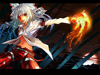 Scorching Touch, silver hair, pipe, fujiwara no mokou, ribbon, red eyes, long hair, white shirt, highres, shirt, pants, touhou, fire, hair ribbon HD wallpaper