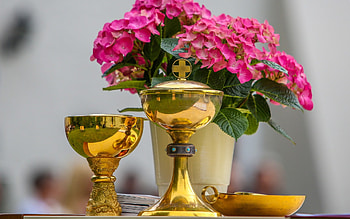 Eucharist, Communion, cross, chalice, flowers, church, gold HD wallpaper