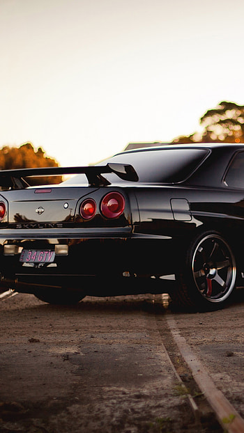 Preview railroad, skyline, r34, nissan, gtr, black, side view HD phone wallpaper