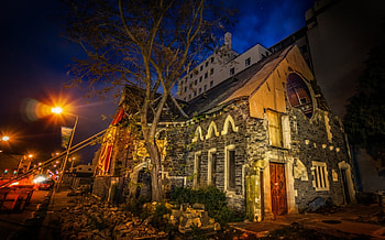 crumbling church in new zealand r, night, city, lights, r, church, crumbling HD wallpaper