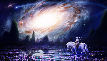 Fantasy, blue, horse, galaxy, girl, makkou4, purple, anime, sky, manga HD wallpaper