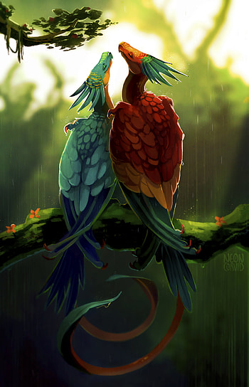 Birds, Art, Dragons, Rain, Multicolored, Motley, Couple, Pair, Fiction, That's Incredible HD phone wallpaper
