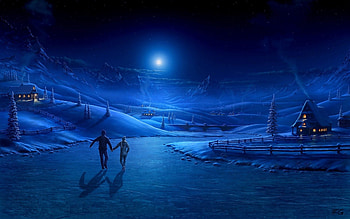 Nature, Art, Smoke, Ice, Night, Moon, Shine, Light, Couple, Pair, Small House, Lodge, Rink HD wallpaper