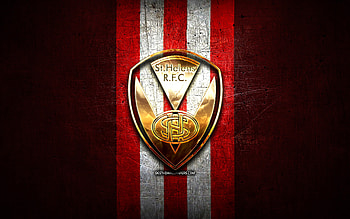 St Helens RFC, golden logo, SLE, red metal background, english rugby club, St Helens RFC logo, rugby, St Helens HD wallpaper