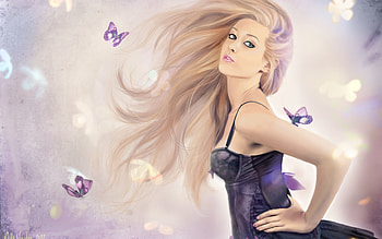 Girl, vanessa poderoso, pink, rendering, blonde, butterfly, fantasy, lilac HD wallpaper