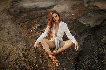 Long Hair Women Redhead Sitting On Stones , redhead, girls, model HD wallpaper