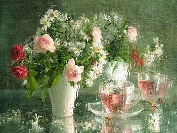 still life, flowers, tea, rain, rural HD wallpaper