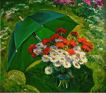 Ivanov. Under the green umbrella, umbrella, painting, art, flower, ivanov HD wallpaper