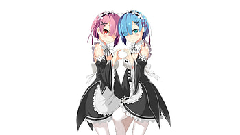Rem and ram, anime girls, minimal HD wallpaper
