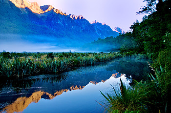sunrise-at-mirror-lakes-fiordland-new-zealand, reflection, green, miror, sky, nature, leafs, lake, mountain HD wallpaper