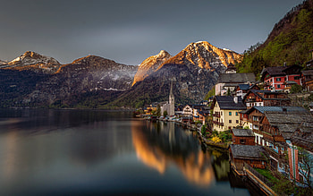 Hallstatt, evening, sunset, mountain lake, Lake Hallstatt, chapel, Hallstatt cityscape, Upper Austria, Austria HD wallpaper