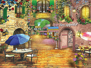 Enjoy the day, umbrella, tables, house, artwork, chairs, restaurant, painting, flowers, bachyard HD wallpaper
