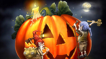 Happy Halloween!, halloween, dwarf, moon, candle, fantasy, pumpkin, orange, gnome, night HD wallpaper