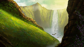 Birds, Art, Rocks, Waterfall HD wallpaper