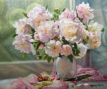 Peonies, bujor, painting, art, flower, pictura, peony, vase, zbigniew kopania HD wallpaper