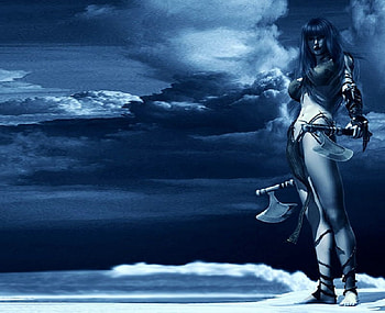 Careful With That Axe Eugenie II, blue, fantasy, axe, warrior, female HD wallpaper