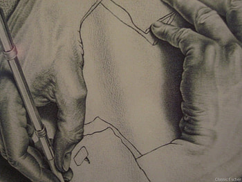 M C Escher, hands, pencil, illusion, eye teaser HD wallpaper