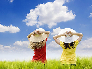 look at the sky, clouds, summer, girls, hat HD wallpaper