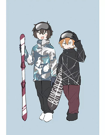 Dazai and Chuuya, snowboarding, bungou stray dogs, snow, chuuya nakahara, dazai osamu, winter HD phone wallpaper