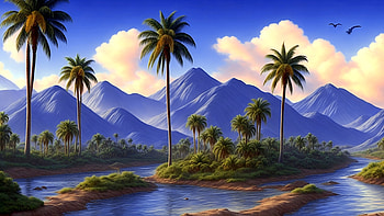 An art of coconut landscape, artistic, mountain HD wallpaper