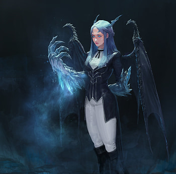 Demoness, wings, blue, frumusete, white, bat, demon, fantasy, girlo, magical, luminos, park pyeongjun HD wallpaper
