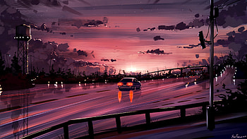 Art, Sunset, Violet, Reflection, Road, Car, Purple HD wallpaper