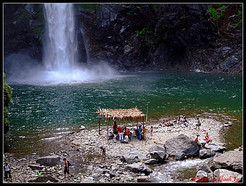 picnicking by the waterfall, men, waterfall, women, people, mountain HD wallpaper
