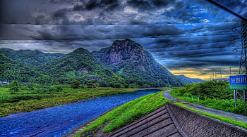 river in kanagaowa japan r, river, sign, clouds, road, r, mountain HD wallpaper