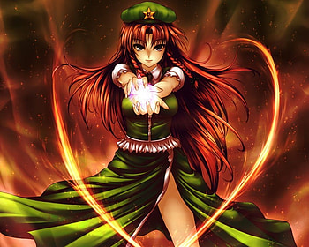 Hong MeiLing, cute, red hair, long hair, dress, beauty, nice, lady, abstract, maiden, female, sexy, sweet, magic, hot, girl, flame, beautiful, anime girl, anime, pretty, green, touhou, red head, fire HD wallpaper