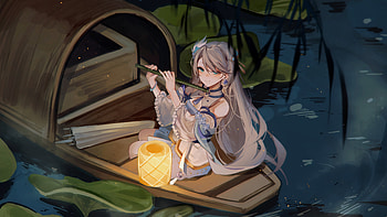Blue Eyes Anime Girl With Flute Sitting On Boat Anime Girl HD wallpaper