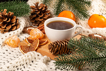 Food, Cones, Tangerines, Cup, Branches, Tea HD wallpaper