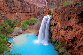 Waterfall, blue, popular, colours, waterfalls, beauty, brown, green, nature, mountains, water, places HD wallpaper