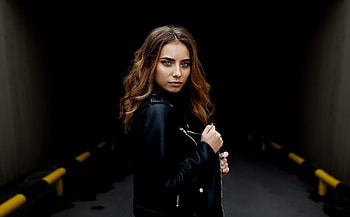 Blue eyes, girl model, leather jacket HD wallpaper