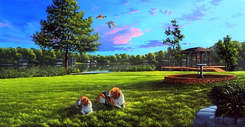 Waiting Happily, attractions in dreams, dogs, paintings, swamp, summer, love four seasons, lakes, lawn, villages, trees, nature, sky HD wallpaper
