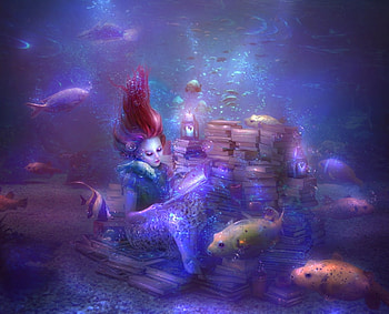 A fishy bedtime story, blue, mermaid, thegirlcansmile, girl, summer, purple, pink, fantasy, redhead, fish, luminos, water HD wallpaper