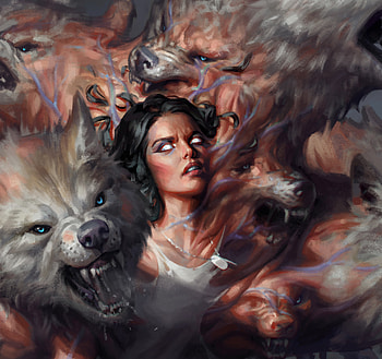 Witch, fantasy, art, george redreev, girl, wolf, dark HD wallpaper
