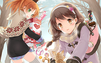 cute girls, animal, neko, orange hair, brown hair, cat, scarf HD wallpaper