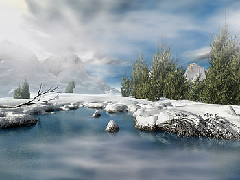 Winter landscape, winter, blue, , beauty, background, fog, snow, trees, mountains, water, white, frozen, landscape, popular, cold, sesons, lake, clouds, nature, sky, ice HD wallpaper