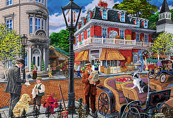 Main Street, painting, town, house, dogs, lantern, people, cart HD wallpaper