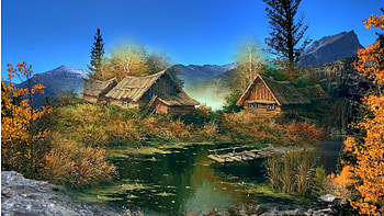 Fall Cottage Collage, river, creek, fall, collage, homestead, Firefox theme, cottages, autumn, mountains, dock, stream HD wallpaper