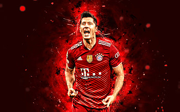 Robert Lewandowski, goal, Bayern Munich FC, red neom lights, polish footballers, soccer, Lewandowski, Bundesliga, Robert Lewandowski Bayern Munich, Robert Lewandowski HD wallpaper