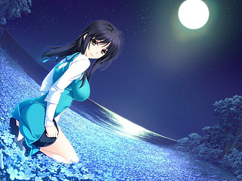 Blue Night, night, blue, cute, long hair, beauty, nice, moon, flower, , female, sexy, sweet, hot, girl, beautiful, anime girl, anime, pretty, field, lovely HD wallpaper