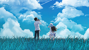 Together Beneath The Soft Skies, couple, love, sky, blue, clouds, grass, field, artist, artwork, art, digital-art, ai, artstation HD wallpaper