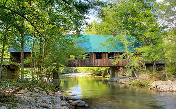 Emerts Cove, North Carolina, trees, river, Covered bridge HD wallpaper