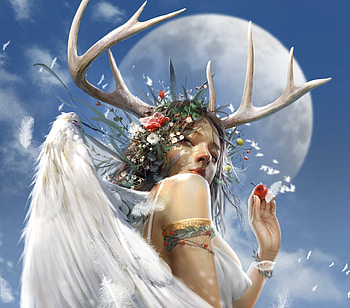 Change of season angel, frumusete, white, horns, art, gorgeous, angel, girl, sutthiwat dechakamphu, superb, season, fantasy, cherry, fruit, luminos, blue, moon, wings, luna HD wallpaper